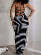 Striped Color Blocking Backless Strappy High Elasticity Maxi Dresses