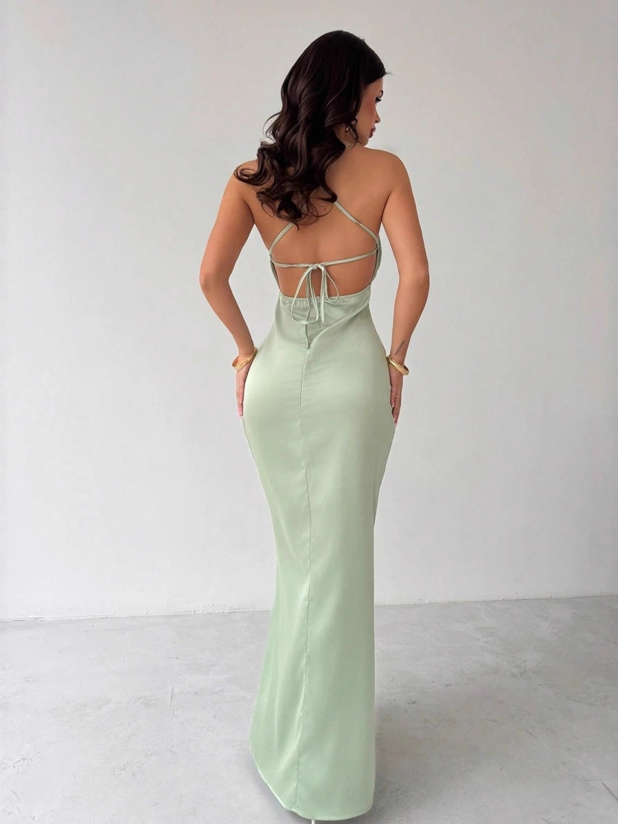 Hollow Slim-fit Satin Formal Dress Midi Dresses
