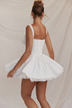 Ruched Tie Front Lace Trim Corset Babydoll Pleated Lace Hem Mini Dress