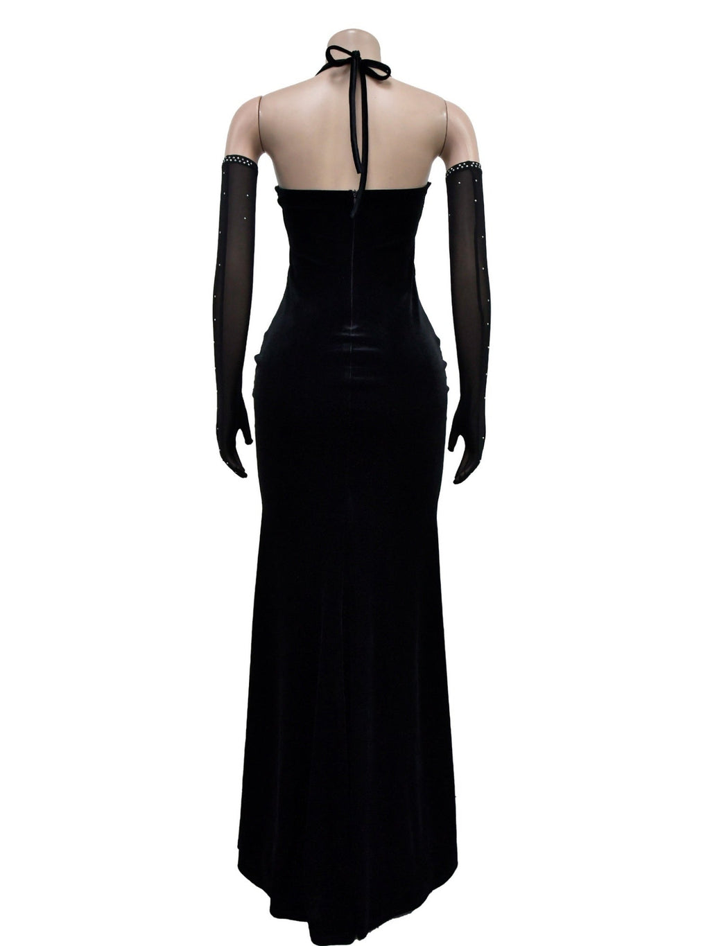 Lace And Velvet Patchwork Rhinestone-studded Evening Gown Mesh See-through Halter Neck Slit Maxi Dresses
