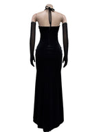 Lace And Velvet Patchwork Rhinestone-studded Evening Gown Mesh See-through Halter Neck Slit Maxi Dresses