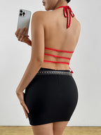 Halter Pleated Backless Lace Up Tank Tops