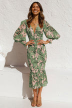 Floral Print Deep V-Neck Puff Sleeve Smocked Ruffle Hem Midi Dress