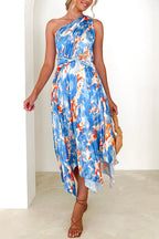 One Shoulder Twist Front Printed Irregular Dress