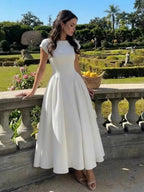 Temperament Crew Neck White Grace Waist Maxi Dresses