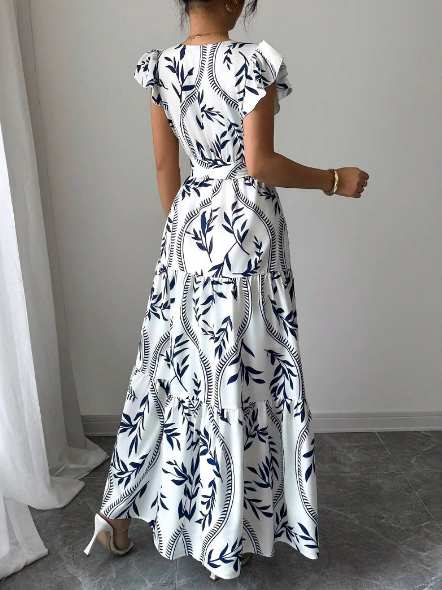 Ruffle Leaf Print V-neck Sexy Slim-fit Long Dress