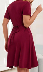 Short-sleeved V-neck Solid Color One-piece Short Dress