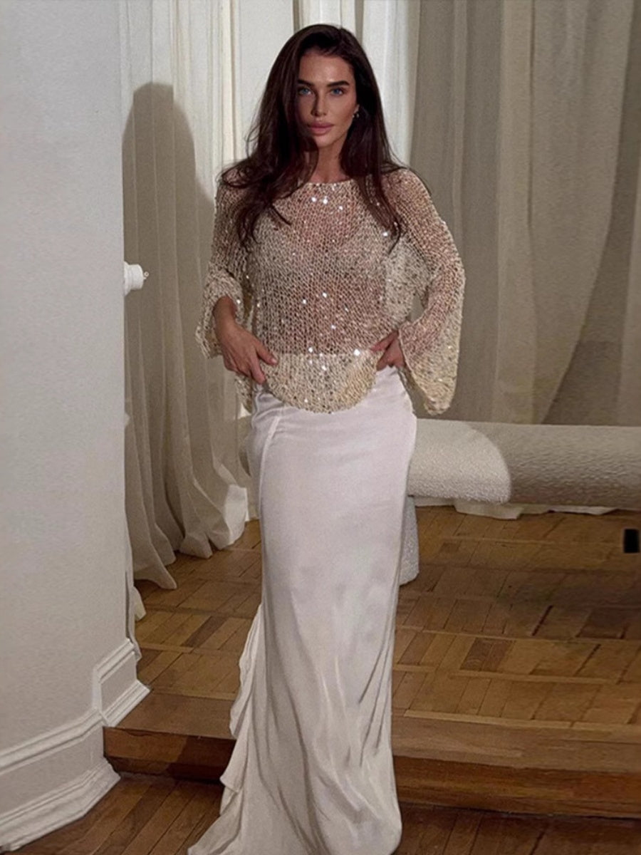 Sequined Cutout Long-sleeved Pullover See-through Top