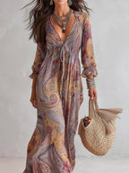 Hippie Style Paisley Print V-neck Vacation Maxi Dresses