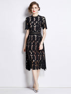 Water-soluble Lace Short-sleeved Slim-fit Midi Dress