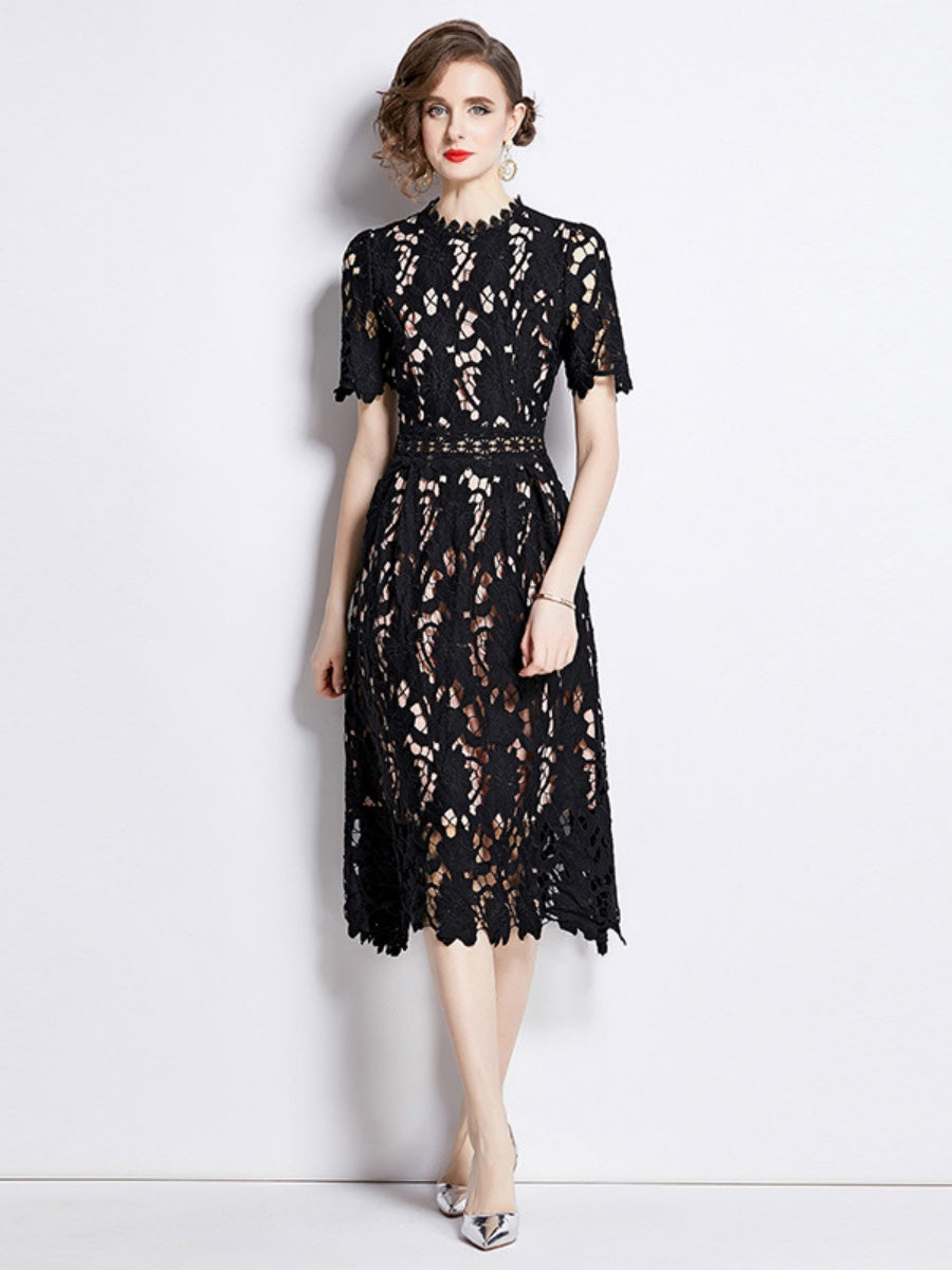 Water-soluble Lace Short-sleeved Slim-fit Midi Dress