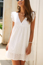 V-Neck Eyelet Lace Flutter Sleeve Pocket Babydoll Mini Dress