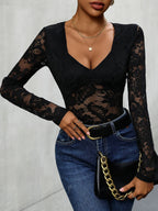 Openwork Lace Sexy Long Sleeves Tight Bodysuits