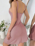 Lace Trim Ribbed Buttons Short Slip Dress