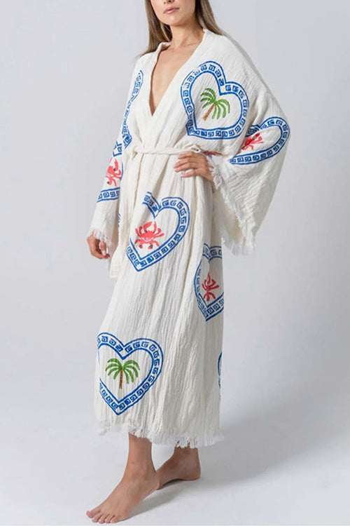 Raw Hem Tie Waist Printed Beach Vacation Kimono Maxi Dress