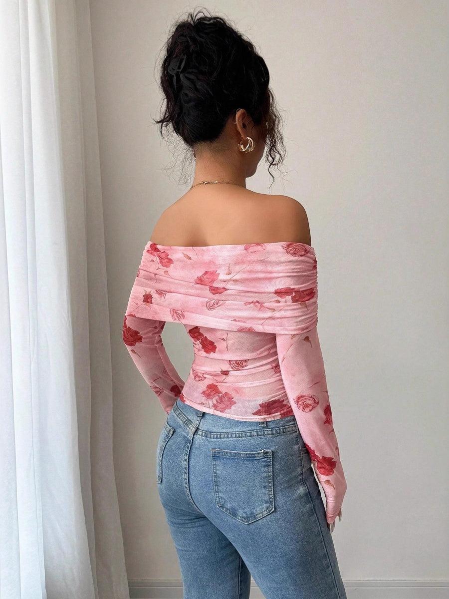 Mesh Printed Off Shoulder Irregular Hem Long Sleeve T-shirts