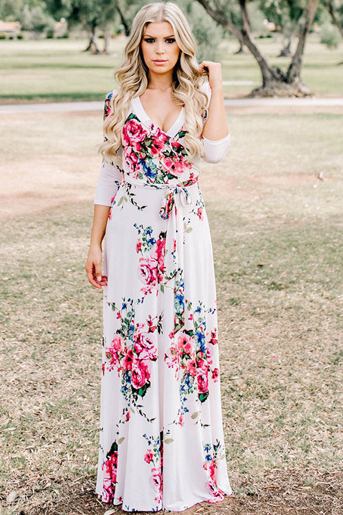 Wrap V-Neck Three Quarter Sleeve Tie Waist Floral Maxi Dress
