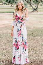 Wrap V-Neck Three Quarter Sleeve Tie Waist Floral Maxi Dress