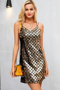 Sequin Diamond Grid Spaghetti Strap V-Neck Bodycon Mini Dress