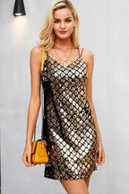Sequin Diamond Grid Spaghetti Strap V-Neck Bodycon Mini Dress