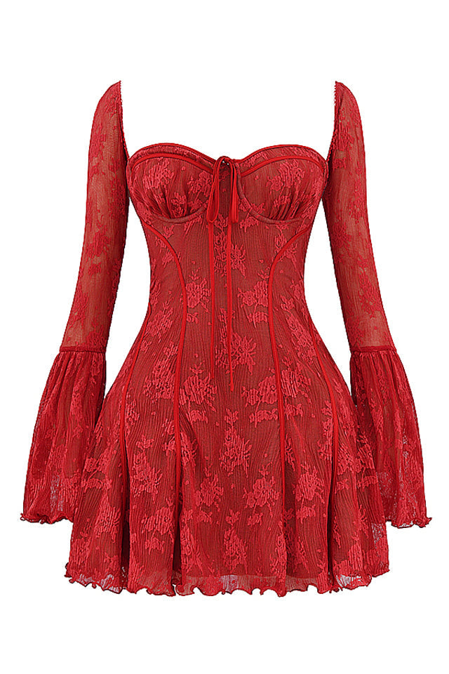 Floral Lace Square Neck Tie Front Bell Sleeve Corset Bodice Mini Dress