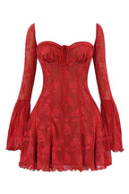 Floral Lace Square Neck Tie Front Bell Sleeve Corset Bodice Mini Dress
