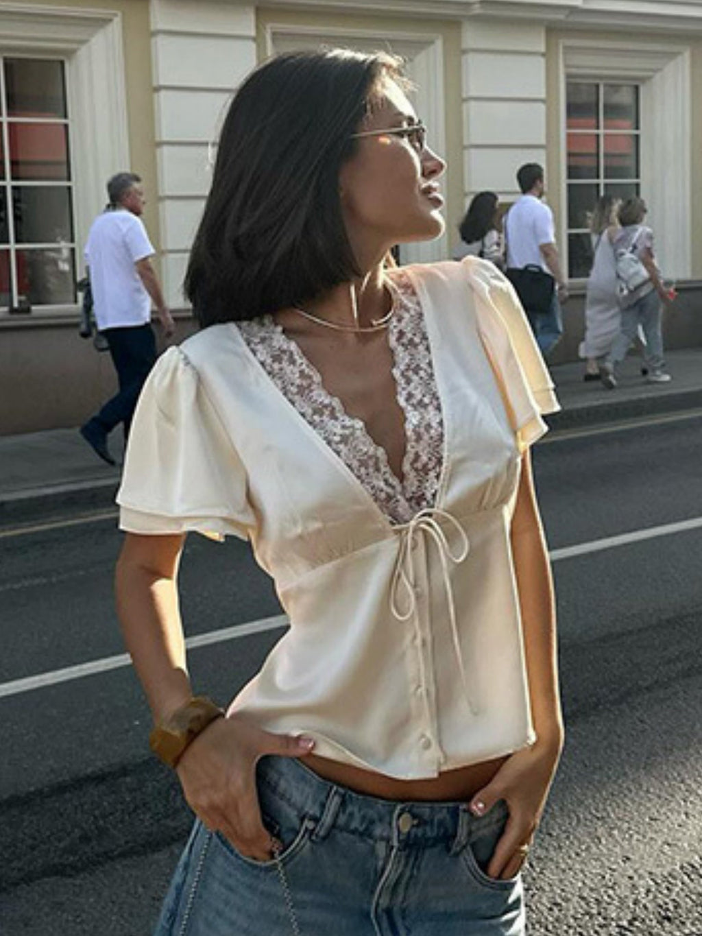 Lace Trim Straps V-neck Short-sleeved T-shirt