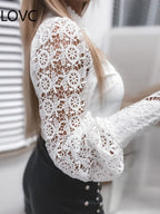 Lace Cutout Patchwork Lace Buttons Long-sleeved Cardigan Shirt
