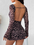 Leopard Print Heart-shaped Neckline Backless Long Sleeves Mini&Short Dresses