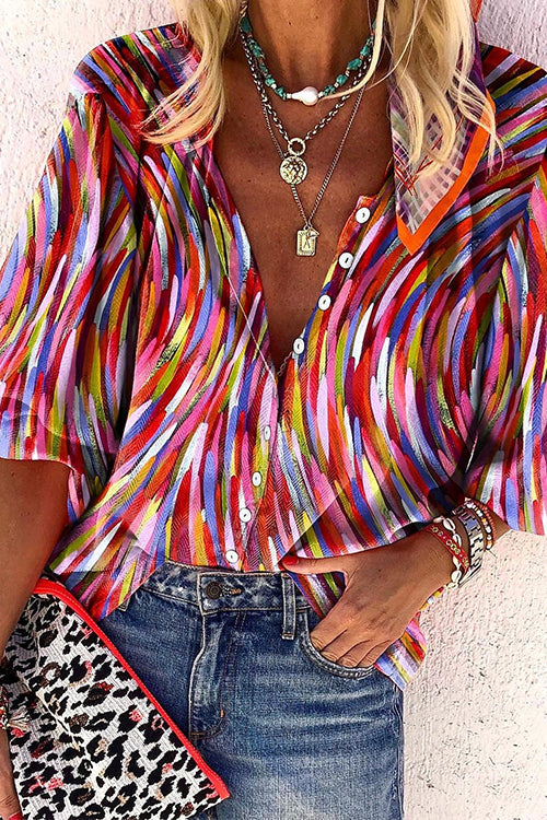 V Neck Button Down Contrast Print Blouse Shirt