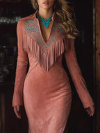 Long-sleeved Tassels Long Dress With Slit