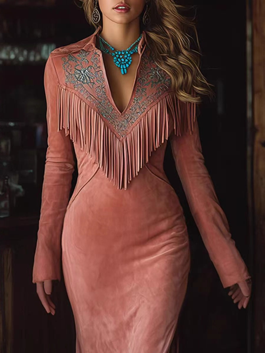Long-sleeved Tassels Long Dress With Slit