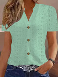 Knitting Buttons V-neck Short Sleeve T-shirts