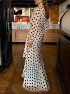 Polka Dots V-neck Puff Sleeves Waist Shaping Maxi Dresses