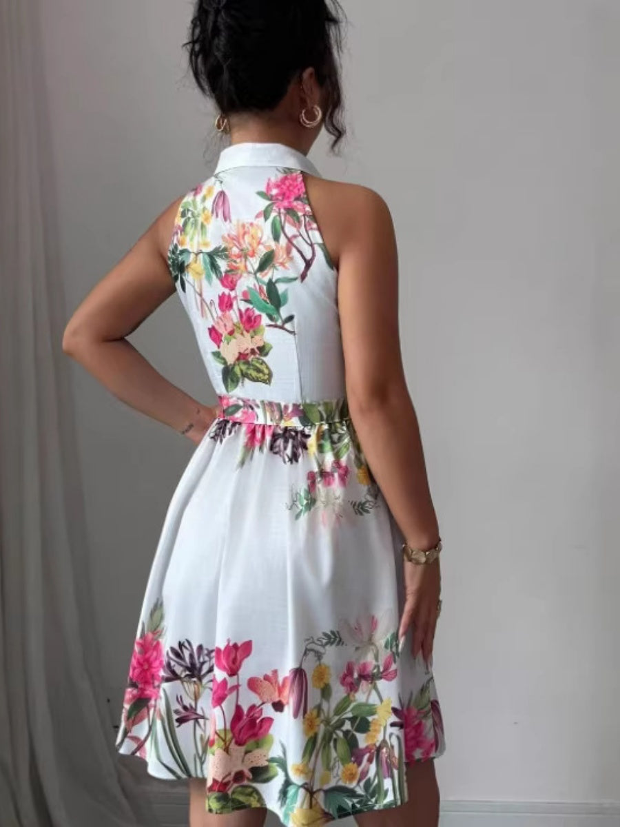 Sleeveless Halter Neck Floral Print Tie-up Short Dress