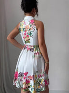 Sleeveless Halter Neck Floral Print Tie-up Short Dress