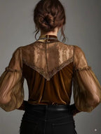 Lace Splicing Velvet Half Turtleneck T-shirts