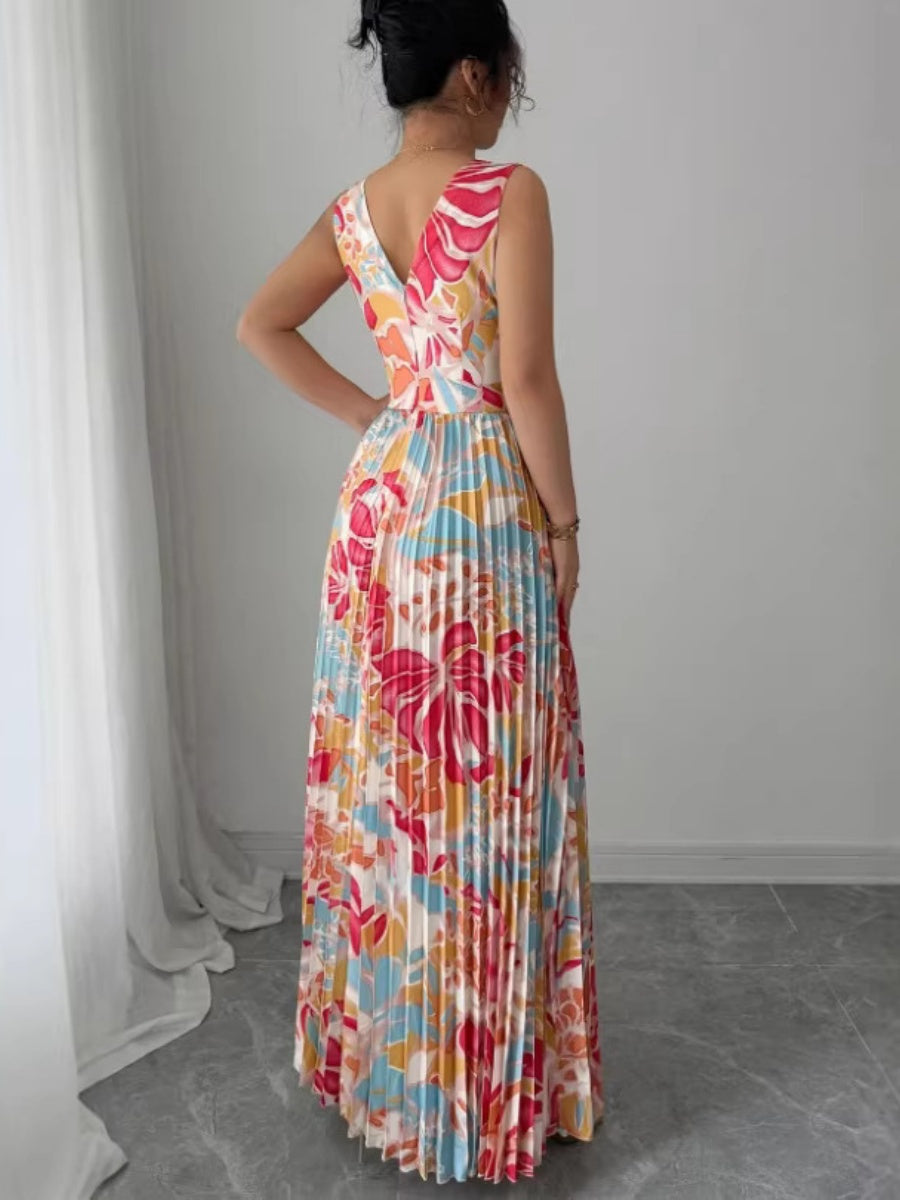 Sexy Deep V-neck Sleeveless Floral Print Maxi Dress With Slit Hem And Pleats