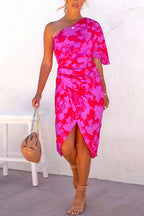 One Shoulder Batwing Sleeve Printed Tulip Dress