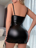Patent Leather Lace Patchwork Side Strap Slit Mini&Short Dresses