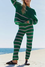 Contrast Striped Long Sleeve Sweater Two Piece Outfits