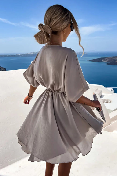 Satin Wrap Front Twist Waist Flutter Sleeve Ruffle Hem Mini Dress