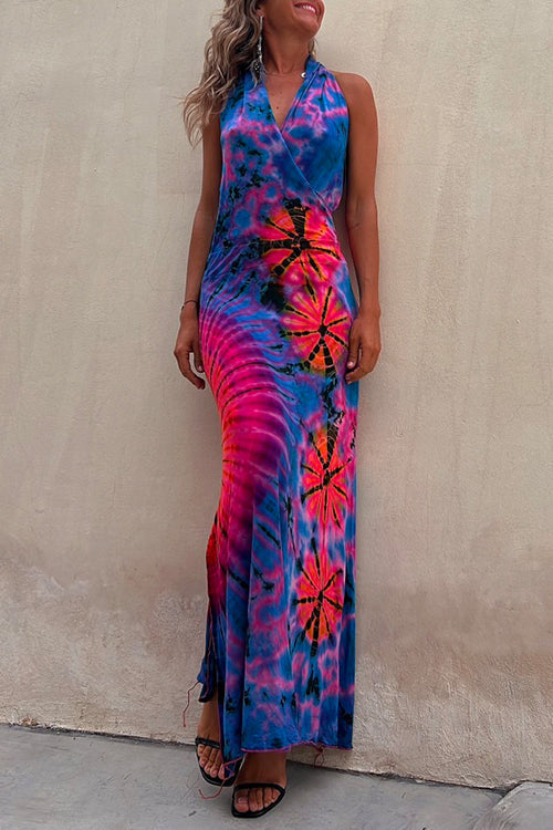 Cross V Neck Sleeveless Tie Dye Maxi Holiday Dress