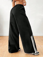 Color-blocked Elastic Waistband Pocket Wide-leg Trousers