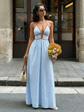 Stripes Color-blocked Splicing V-neck Hollow Maxi Dresses