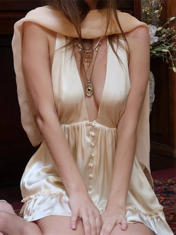 Deep V-neck Backless Fitted Satin Halter Neck Short Dress