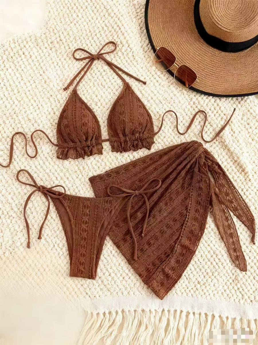 Solid Color Mesh Tie-up Bikini Three-piece Set