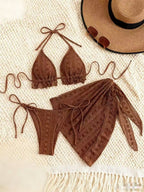 Solid Color Mesh Tie-up Bikini Three-piece Set