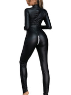 PU Leather Zipper Open Crotch Long Sleeves Jumpsuits