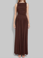 Slim-fit Pleated Solid Color Long Dress